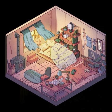 Isometric Illustration Of Cozy Bedroom Finished Projects Blender