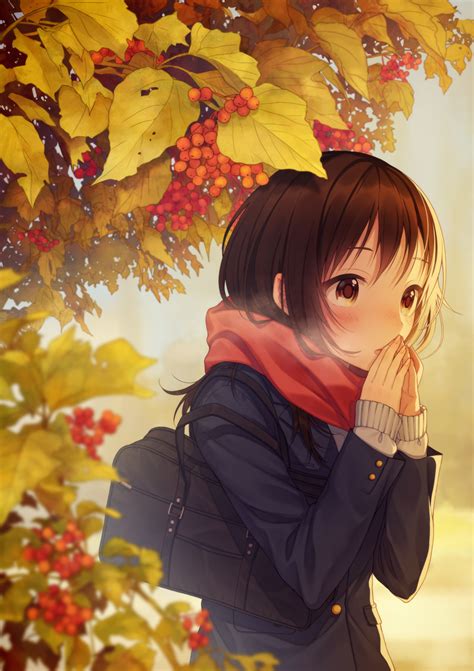 Warabimochi Kinako Original Highres 1girl Autumn Autumn Leaves Bag Blurry Blush Breath
