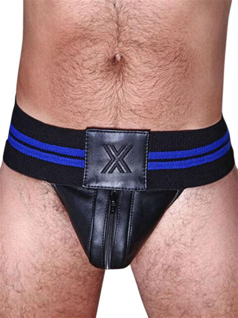 Boxer Leather Mega Jock W Zip Black Blue Stripes Men Masculine Jockstrap Strap Ebay
