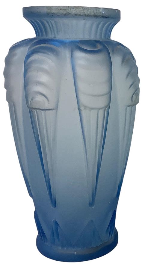 Bid Now Hand Blown French Art Deco Frosted Blue Glass Vase By Espaivet 12”h April 3 0122 9