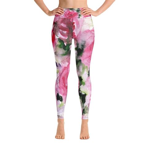 Pink Abstract Floral Womens Leggings Rose Print Long Yoga Gym Pants