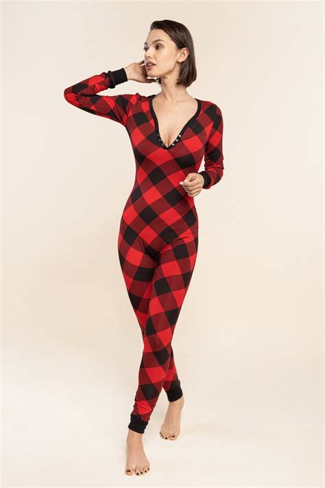 Pajama With Open Butt Flap Sexy Sleep Suit Black Red Checkered Etsy