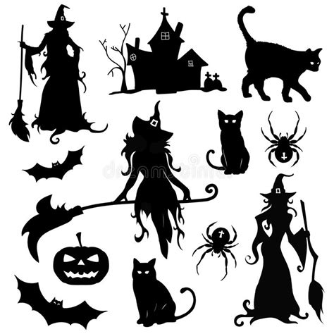 Big Vector Set With Black Silhouettes Of Witches And Cats Stock Vector Illustration Of Autumn