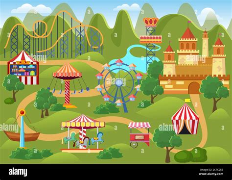 Amusement Park Concept Landscape Map With Flat Fairground Elements