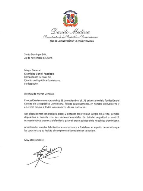 Carta De Felicitacion Del Presidente Danilo Medina Por 175 Aniversario