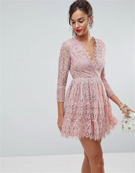 Lyst Asos Long Sleeve Lace Mini Prom Dress In Pink