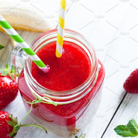 Strawberry Smoothie In A Mason Jar High Quality Food Images ~ Creative Market