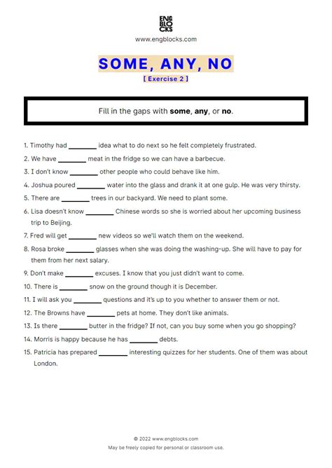Some Any No Exercise 2 Worksheet English Grammar