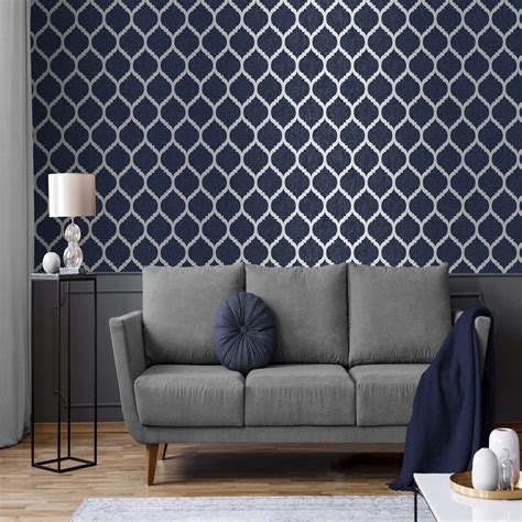 Buy Navy Blue Wallpaper Trellis Geometric Metallic Textured Silver