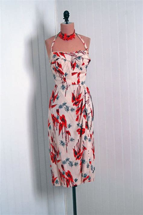 1950 s vintage hawaiian ruby red tropical floral silk couture low plunge halter hourglass pencil