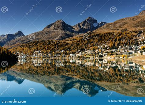 Village Of St Moritz In Switzerland With Fall Color Reflections And