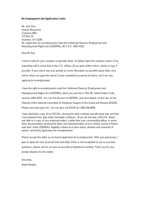 When written well, this letter explains to the reader why they. Re-Employment Job Application Letter | Templates at allbusinesstemplates.com