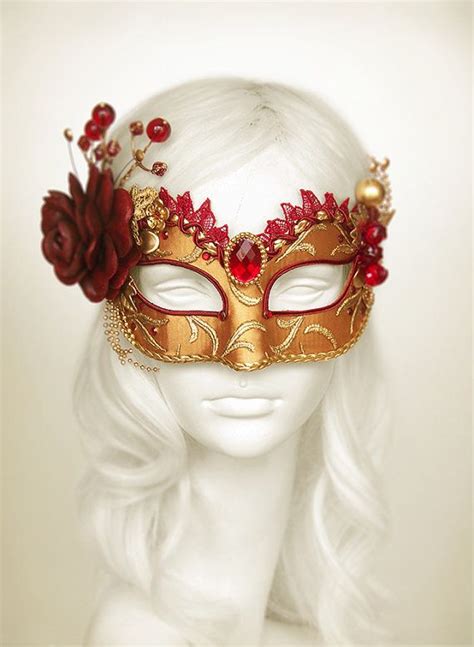 Burgundy Red And Gold Masquerade Mask Venetian Style Etsy Gold