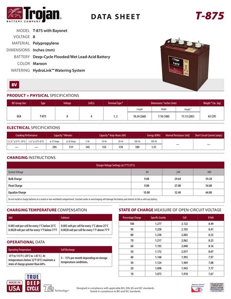 T 875 8v 170 Ah Deep Cycle Trojan Battery Online Battery Sale