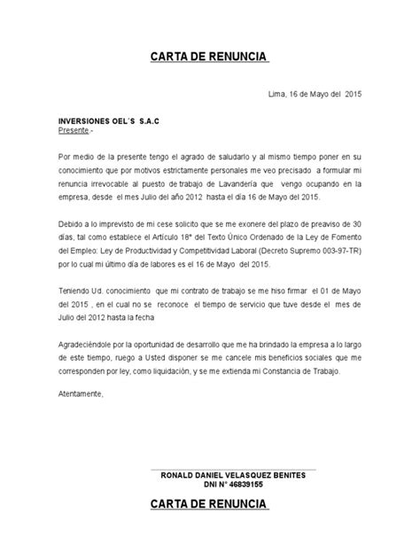 Carta De Renuncia Legal Liquidación Lima