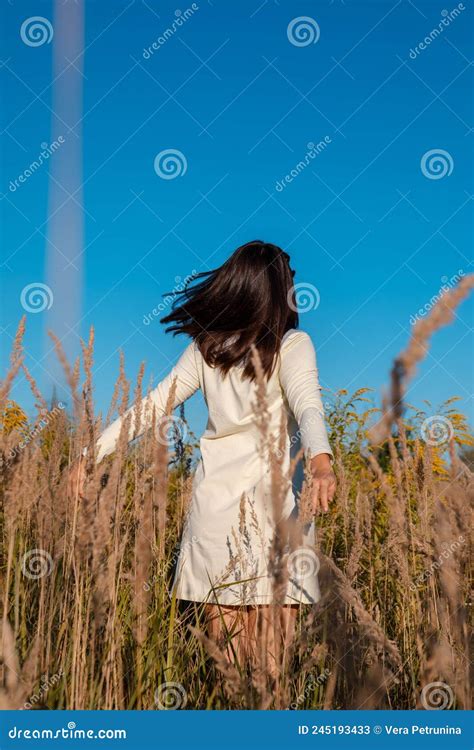 Beautiful Woman Posing In Wheat Field Blue Sky Stock Image Image Of