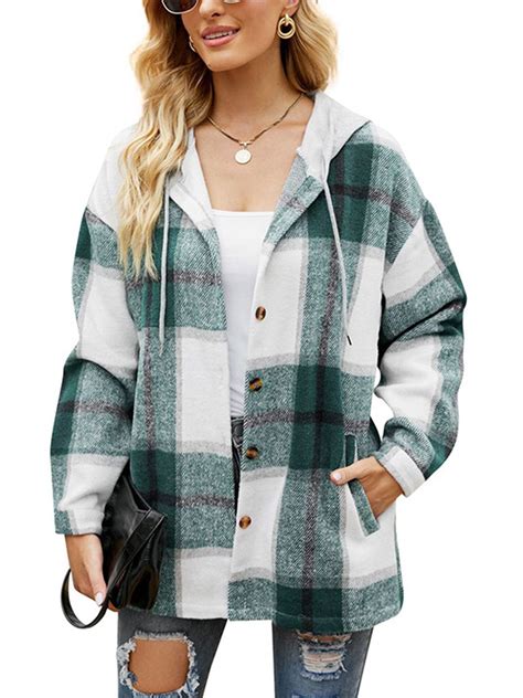 Fantaslook Flannel Shirts For Women Button Down Plaid Shirt Hooded