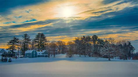 Snow Covered House Under Sky During Sunset 4k 5k Hd Winter Wallpapers