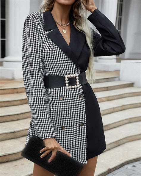 Houndstooth Print Colorblock Double Breasted Blazer Coat