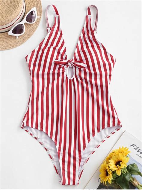 38 Off 2020 Zaful Striped Knot Plunge One Piece Swimsuit In Red