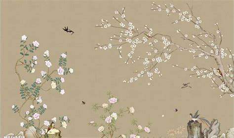 Chinoiserie Plum Tree Wallpaper Flying Birds And Peony Etsy