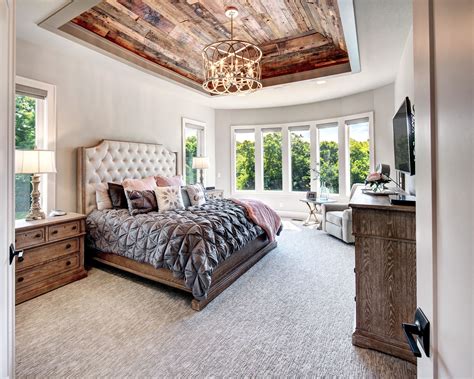 Master Bedroom With Wooden Tray Ceilings Tufted Headboard Large Master Windows Bedroom Views