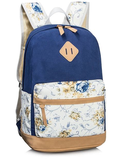 Leaper Floral School Backpack College Bookbag Shoulder Bag Satchel Navy