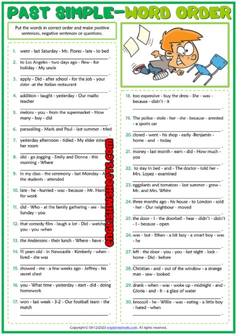 The Past Simple Word Order Worksheet Is Shown In Red And Green With An