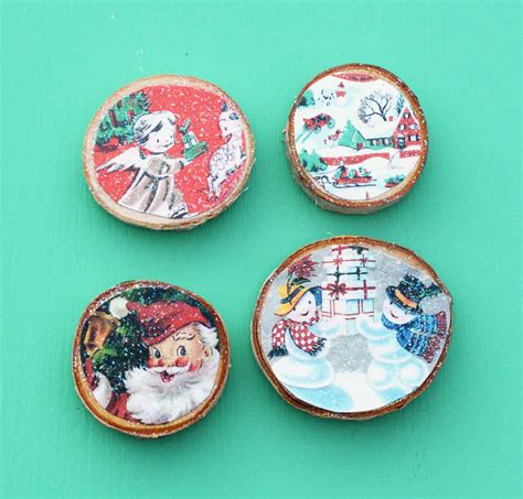 Wood Slice Vintage Christmas Card Magnets Mod Podge Rocks