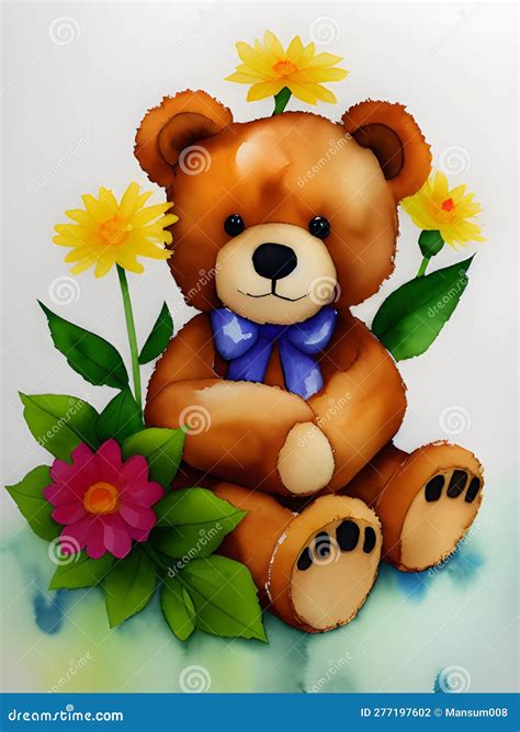 Teddy Bear With A Flower Watercolor Style Ai Generated Stock Photo