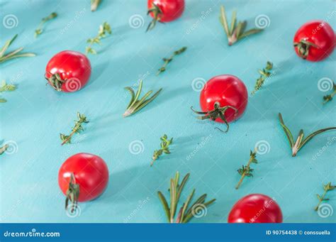 Cherry Tomatoes Pattern With Rosemary And Thyme Stock Photo Image Of