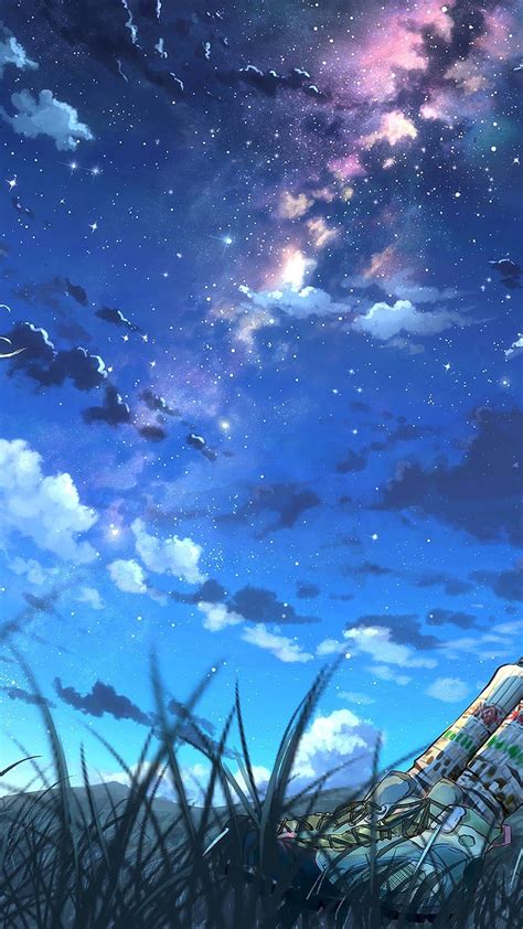 Anime Girls Night Sky Scenery Clouds Stars Phone Background