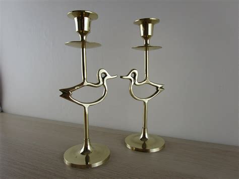 Pair Oflot Of 2 Vintage Brass Candle Sticks Holders Duck Bird Flamingo