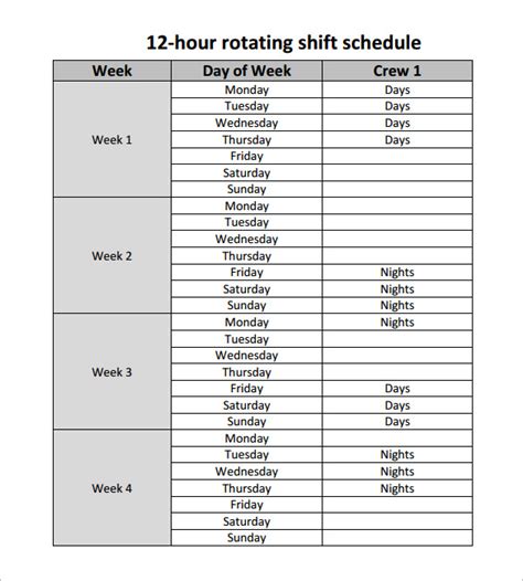 Each team works 2 consecutive day shifts, followed by 2 days off duty, works 3consecutive day shifts, followed by what is a 12 hour rotating shift schedule? 3 Crew 12 Hour Shift Schedule - planner template free