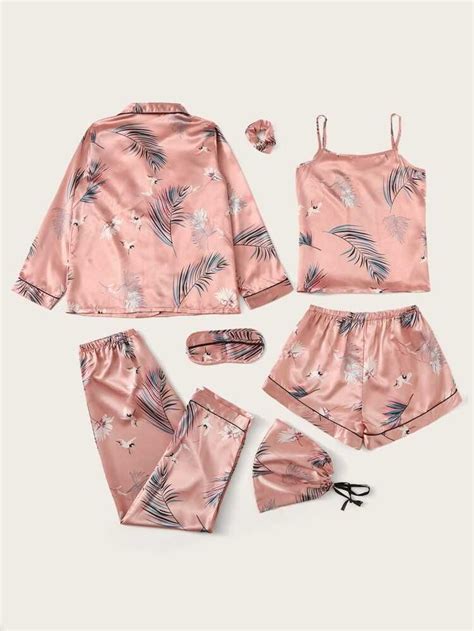 Summer Sale 7pcs Crane And Tropical Print Satin Pajama Set Romwe Usa