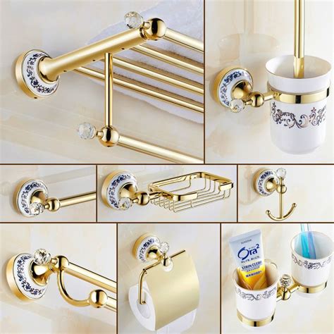 Gold Crystal Antique Bathroom Accessories Set Ceramic Base Bathroom