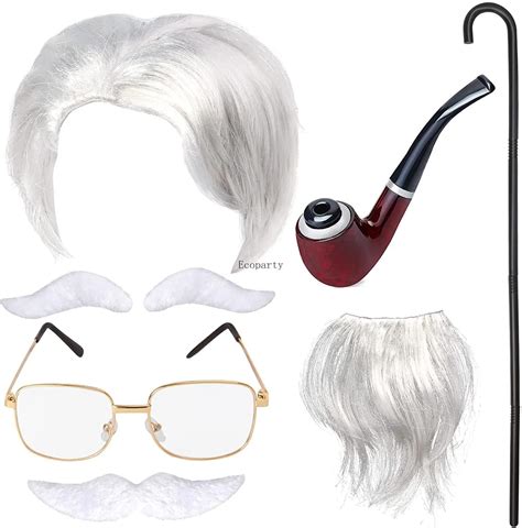Old Man Wig And Mustache Set Grandpa Costume Accessories Kit With Grey