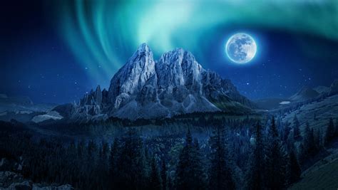 Mountain Aurora Moon Night Northern Lights 4k Wallpaperhd Nature