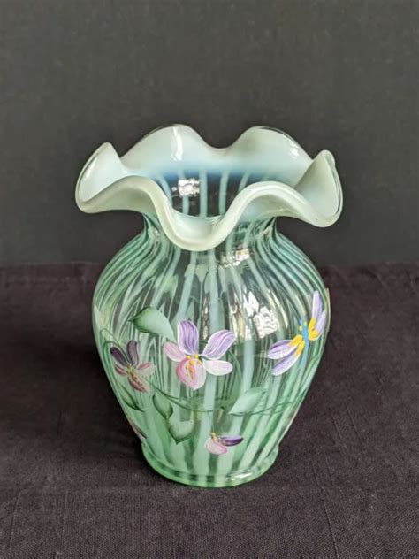 Rare Fenton Rib Optic Willow Sea Mist Green 5 3 Vase Hand Painted Artist Signed 88 00 Picclick