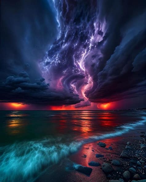 Premium Photo A Beautiful Lightning Storm Over The Ocean