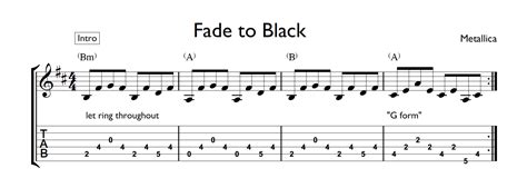 Life it seems, will fade away drifting further every day getting lost within myself nothing matters no one else i have lost the will to live simply nothing more to give there is nothing more for me need the end to set me free. Fade to Black Tab Introduction - Guitar Music Theory by ...