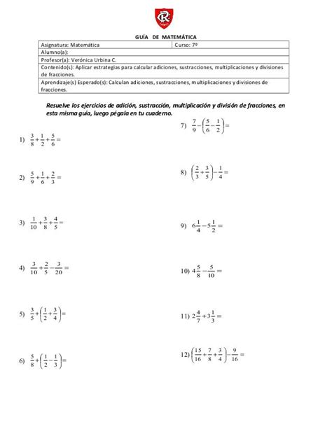 Guía De Fracciones Suma Resta Multiplicacion Y Division De Fracciones