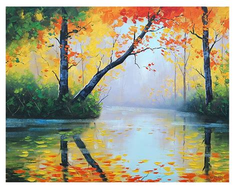 Original Oil Painting River Impressionist Tree Vibrant Fall Etsy