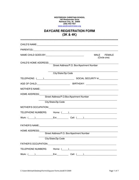 Sample Daycare Forms Free The Document Template