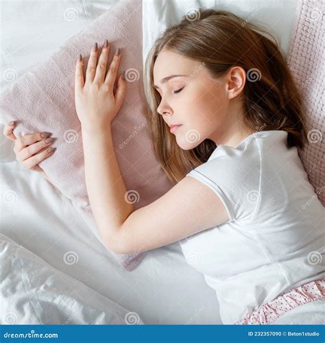 Young Woman Sleeping In Bed Portrait Of Blonde Teen Girl Have Healthy