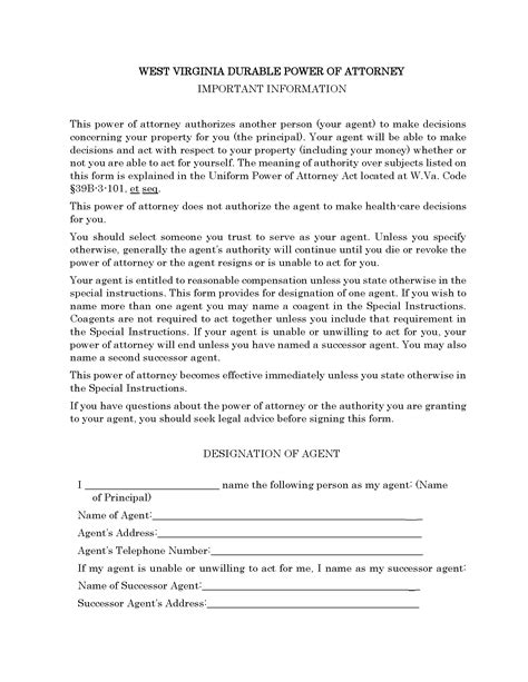 West Virginia Durable Power Of Attorney Form Free Printable Legal Forms