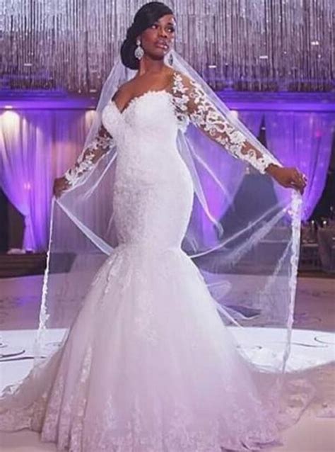Mermaid Off Shoulder Long Sleeve Plus Size Wedding Gowns With Lace Appliques Bridal Dresses