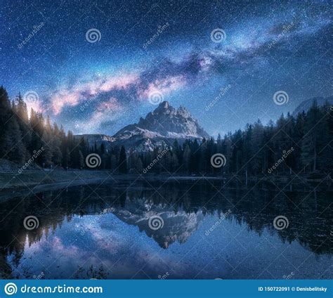 Milky Way Over Mountains And Antorno Lake At Night Stock Image Image