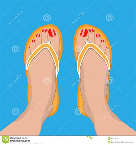 Female Feet With Red Pedicure In Summer Flip Flops Stock Vector Illustration Of Icon Flat