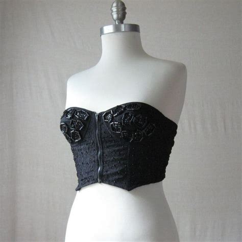 Black Bustier Beaded Top Sequin Bustier 80s Costume Lace Etsy Lace